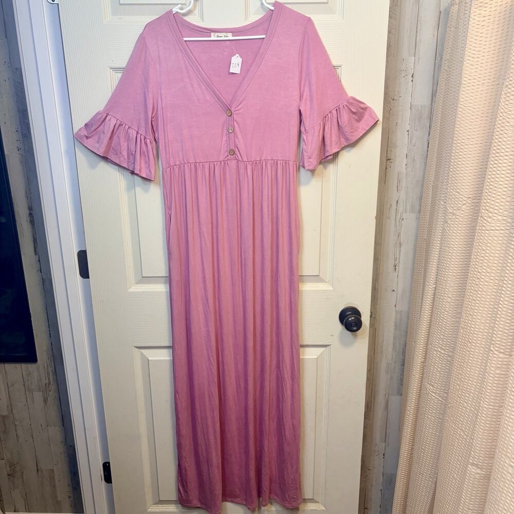 Bacon River Pink Maxi Dress Womens L Boho‎ Empire Waist Button Front